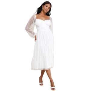 LULUS Affectionate Aura White Swiss Dot‎ Tiered Bustier Midi Dress-Size L